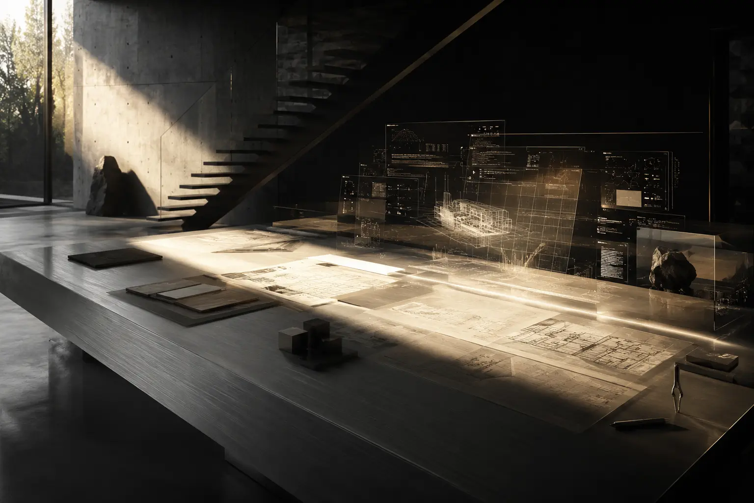 ClearLoft — minimalist studio loft interior with warm shaft of light