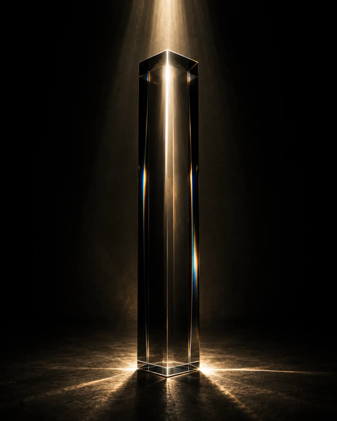 The ClearLoft Model — column of polished black glass catching warm light