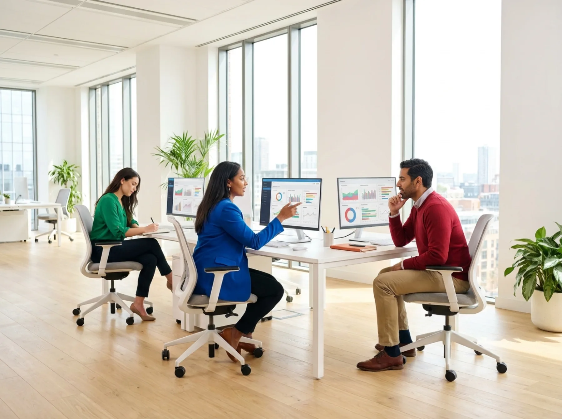 Operations team reviewing dashboards in a bright modern office